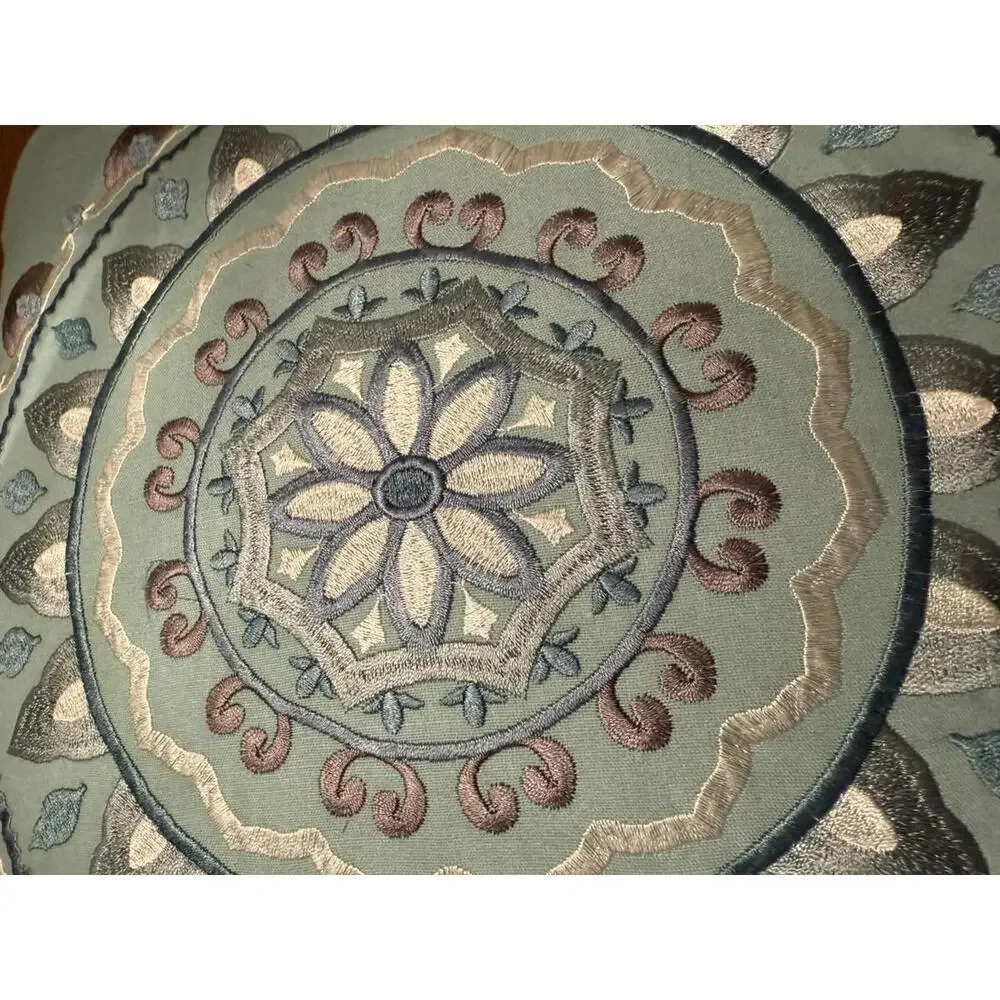 16” Decorative Throw Pillow Embroidered Teal White Gray
